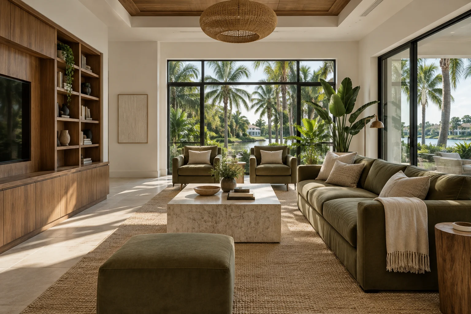 Design inspiration: a light-filled living space with walnut cabinetry and olive seating